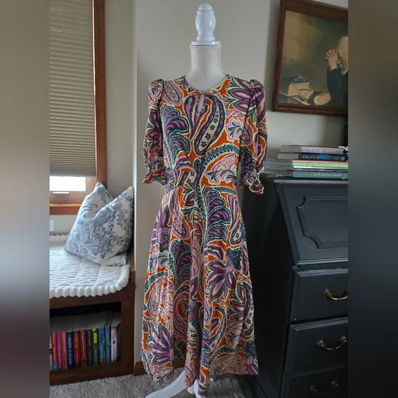 Tyler Boe Womens Dress Size Small Silk Purple And Orange Paisley Puff Sleeves - Picture 7 of 16